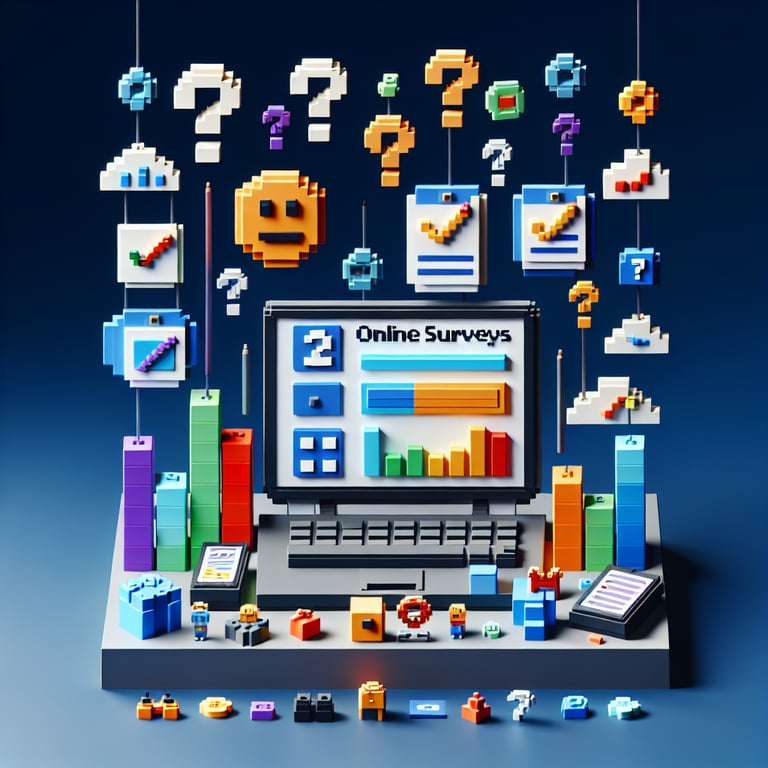 3D voxel art depicting online surveys and questions for kids, set against a dark blue background.