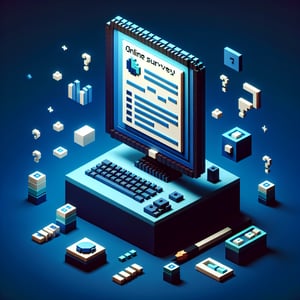 3D voxel art depicting online predictive index survey test questions on a dark blue background.
