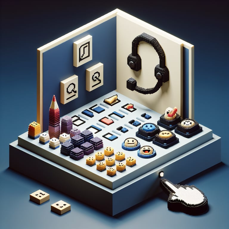 3D voxel art depicting the concept of online after call surveys on a dark blue background.