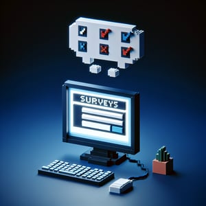 3D voxel art depicting online candidate experience survey process on a dark blue background.