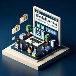 3D voxel art illustrating online blended learning surveys on a dark blue background.