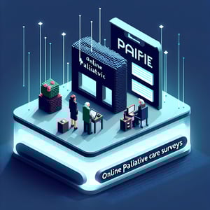 3D voxel art depicting online survey concept on a dark blue background, related to palliative care.