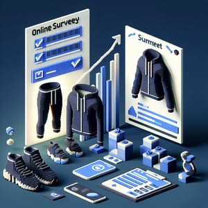 3D voxel art depicting online survey concept on a dark blue background, related to athleisure wear.