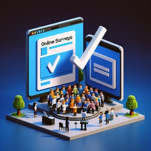 3D voxel art of online survey elements with a dark blue background, representing choir survey questions.