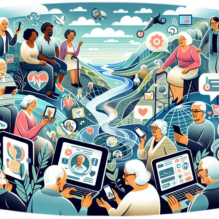 Digital landscape illustration for a Technology for Senior Citizens survey questions concept.