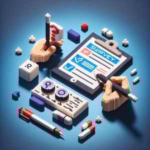 3D voxel art depicting online surveys on a dark blue background, symbolizing drug addiction inquiries.