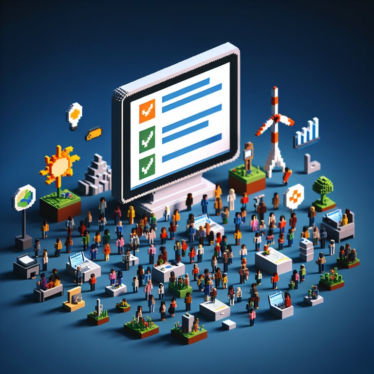 3D voxel art depicting the concept of online climate and culture surveys on a dark blue background.