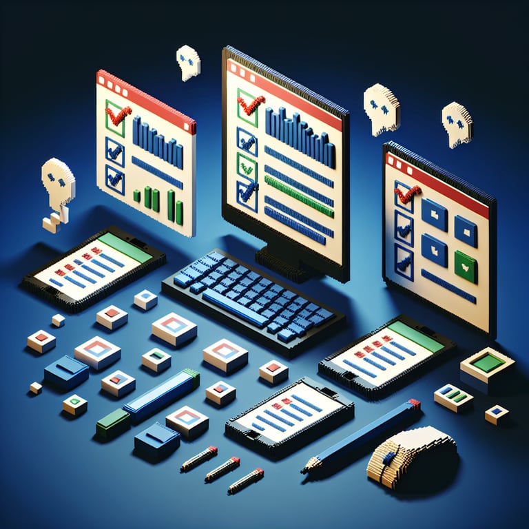 3D voxel art depicting online surveys, with a dark blue background, symbolizing website usability surveys.