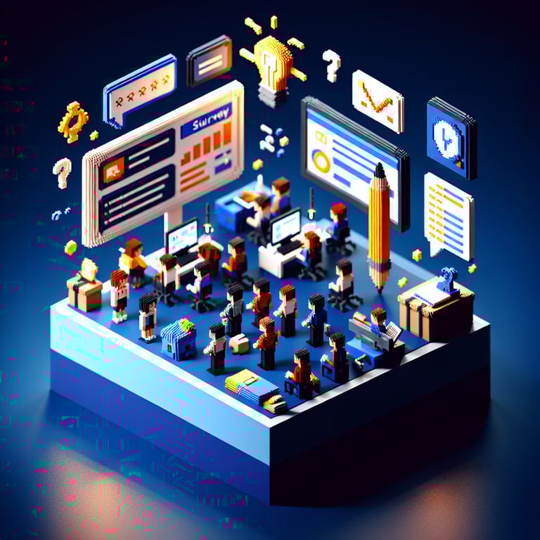 3D voxel art of a classroom questionnaire representing student feedback in a voxel style