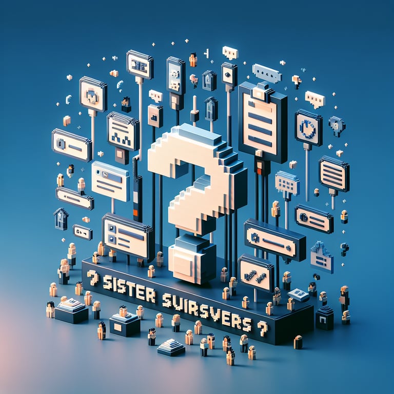 3D voxel art depicting the concept of sister surveys on a dark blue background.