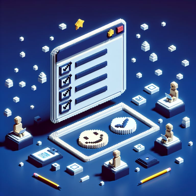 Vibrant 3D voxel art showing life satisfaction survey interface