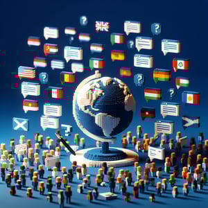3D voxel art depicting online international student surveys on a dark blue background.