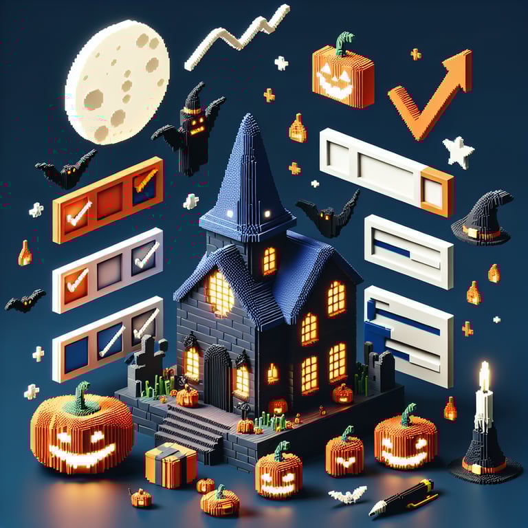 3D voxel art of online Halloween survey with dark blue background.
