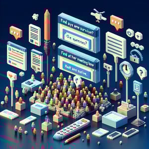 3D voxel art depicting the concept of online surveys for scheduling meetings, with a dark blue background.