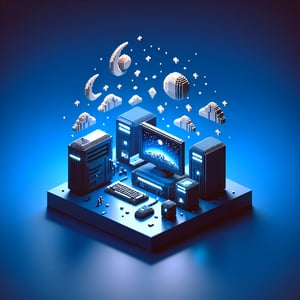 3D voxel art depicting online student perception surveys against a dark blue background.