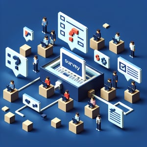 3D voxel art depicting the concept of online acsi surveys against a dark blue background.