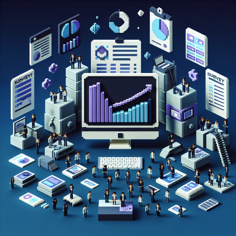 3D voxel art depicting online surveys, set against a dark blue background, for sales team survey examples.