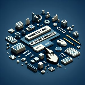 3D voxel art depicting online business surveys, with engaging elements on a dark blue background.