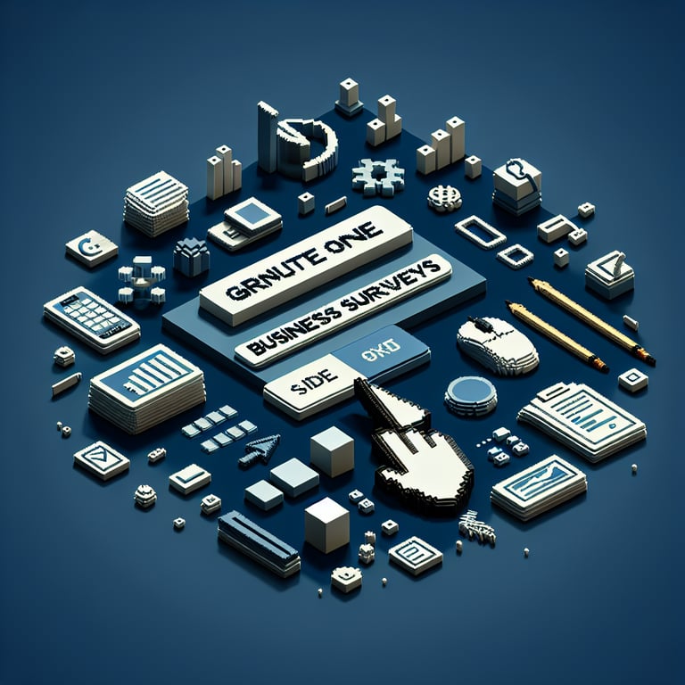 3D voxel art depicting online business surveys, with engaging elements on a dark blue background.