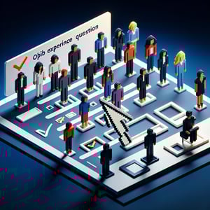3D voxel art depicting online surveys on job experience, set against a dark blue background.