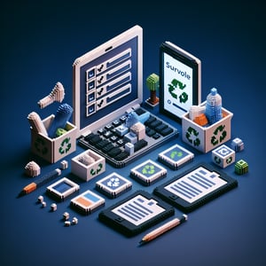 3D voxel art illustrating online recycling surveys with engaging elements on a dark blue background.