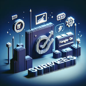 3D voxel art depicting an online survey concept, set against a dark blue background for a project management course.