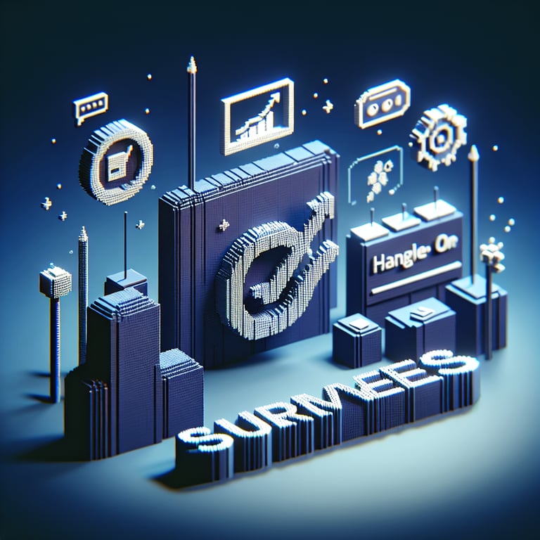 3D voxel art depicting an online survey concept, set against a dark blue background for a project management course.