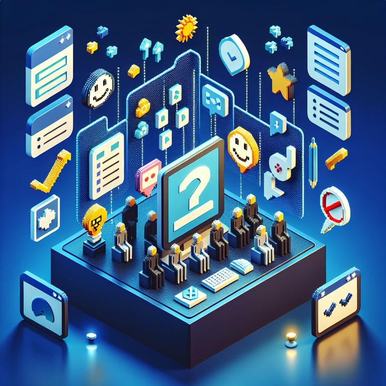 3D voxel art depicting online employee wellbeing surveys on a dark blue background.