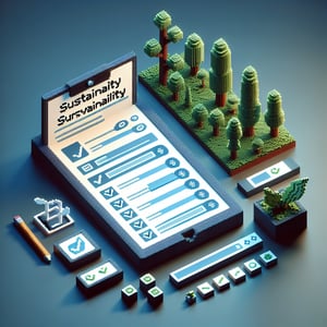 3D voxel art depicting online sustainability surveys on a dark blue background.