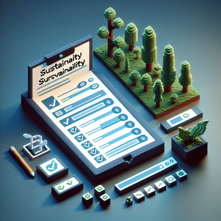 3D voxel art depicting online sustainability surveys on a dark blue background.