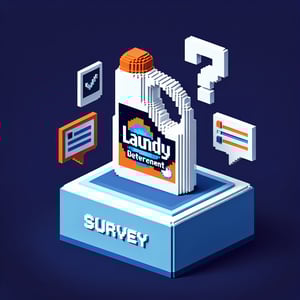 3D voxel art of online survey concept with elements related to laundry detergent, on a dark blue background.