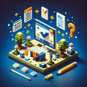 3D voxel art illustrating the concept of online VOC surveys on a dark blue background.