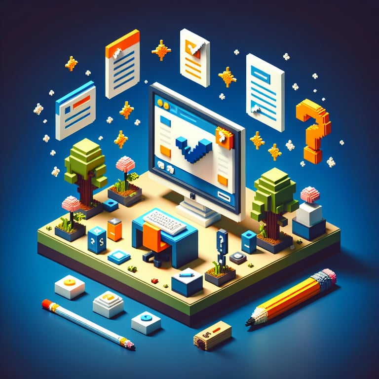 3D voxel art illustrating the concept of online VOC surveys on a dark blue background.