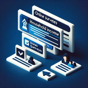 3D voxel art depicting an online survey, symbolizing household income question surveys on a dark blue background.