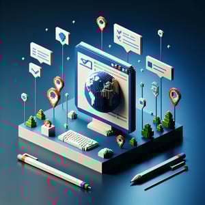 3D voxel art depicting online GIS surveys on a dark blue background.