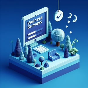 3D voxel art depicting online wellness survey concept on a dark blue background.