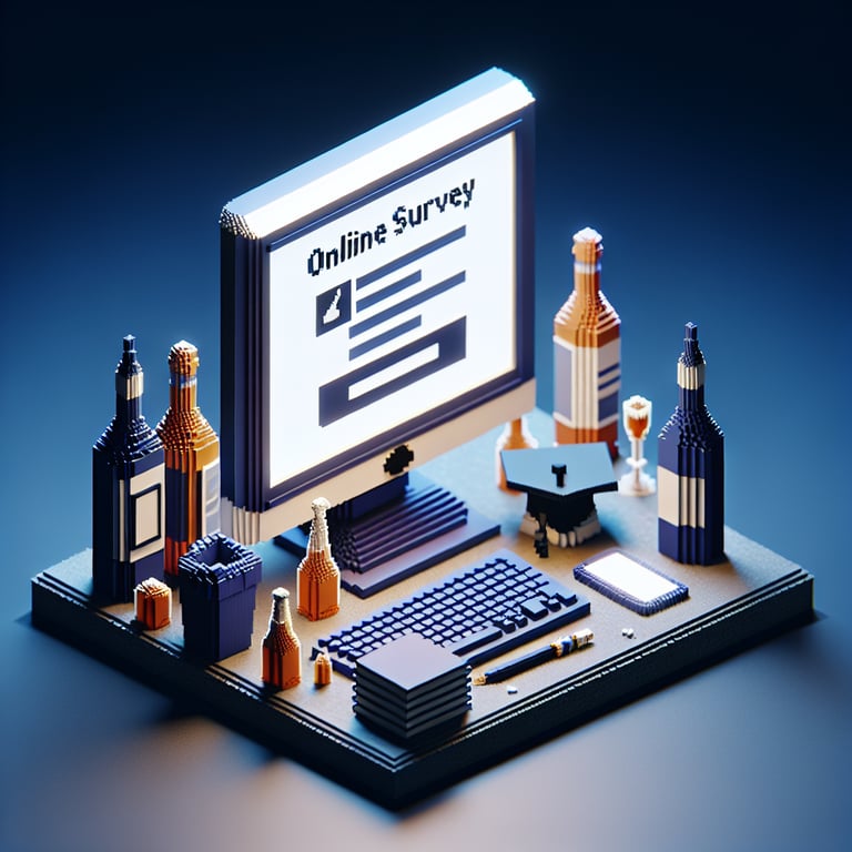 Vibrant 3D voxel model illustrating a college drinking habits questionnaire