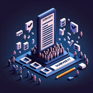 3D voxel art depicting online surveys with a dark blue background, aimed at college students.