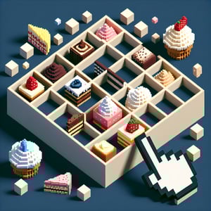 3D voxel art depicting online dessert survey concept on a dark blue background.
