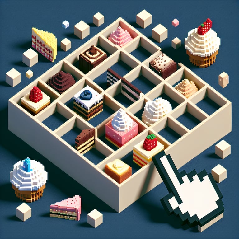 3D voxel art depicting a layered cake and poll forms in vibrant voxel style