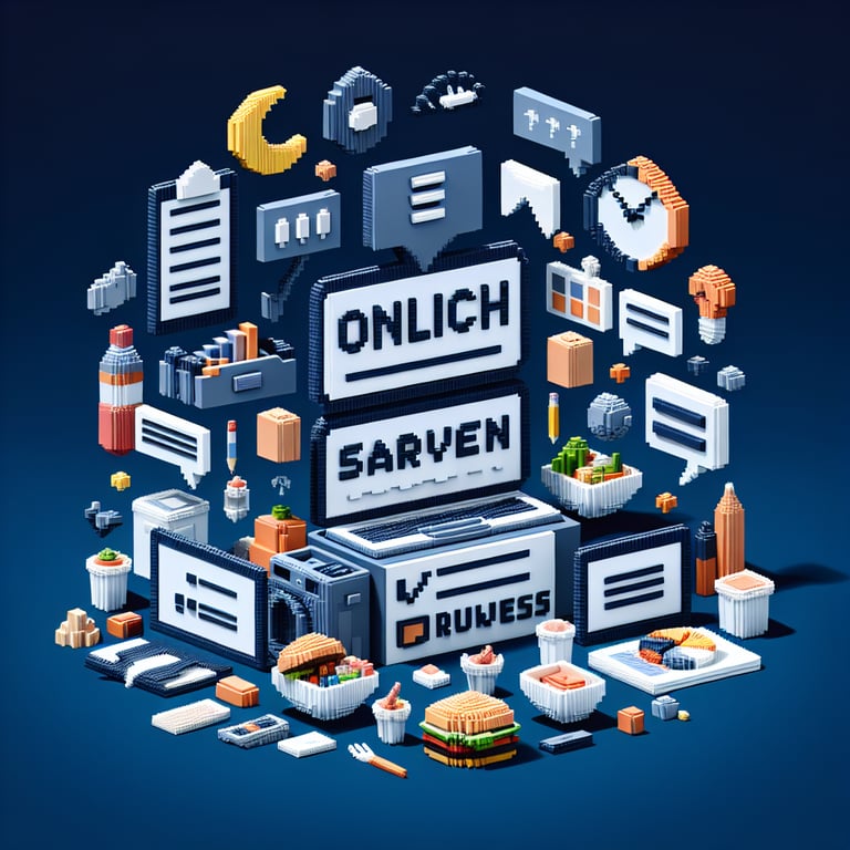 3D voxel art depicting online surveys, ideal for a lunch and learn survey landing page, on a dark blue background.
