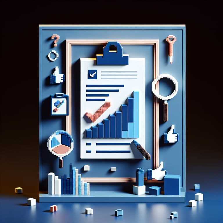 3D voxel art depicting online surveys, symbolizing lost sale survey questions on a dark blue background.