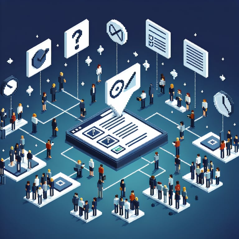 3D voxel art depicting online employee performance evaluation survey process on a dark blue background.