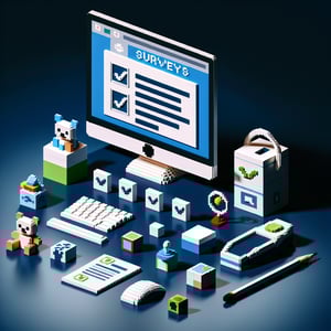 3D voxel art depicting online surveys with baby-friendly themes on a dark blue background.
