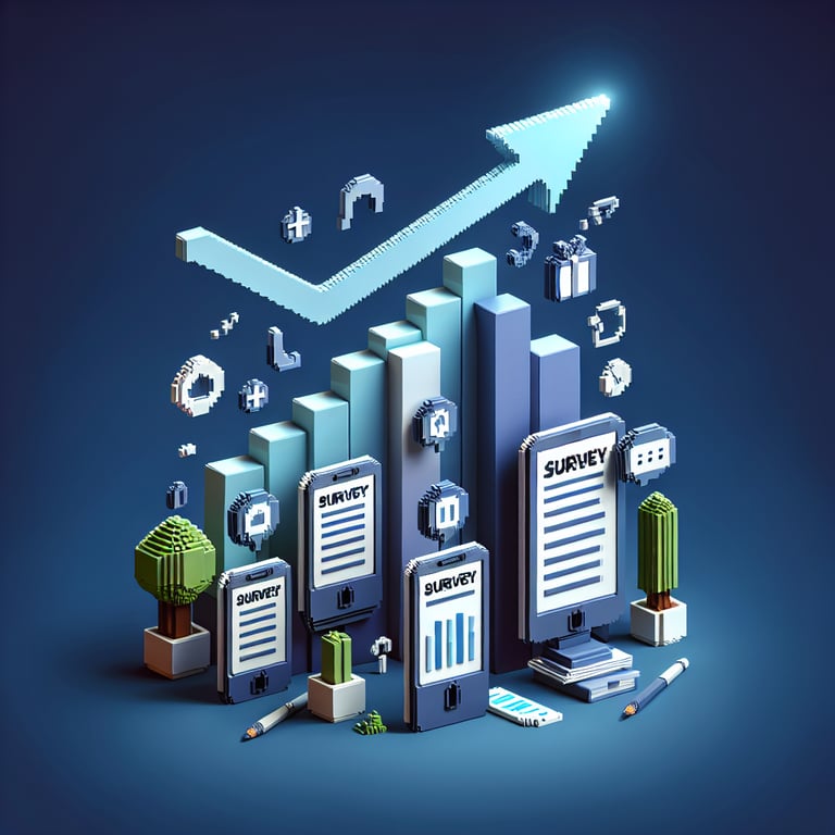 3D voxel art depicting online career advancement surveys against a dark blue background.
