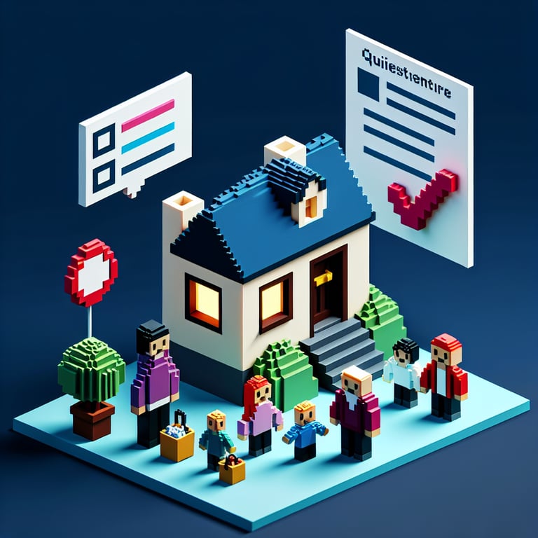3D voxel art illustrating the concept of online family life survey with a dark blue background.