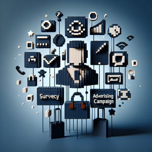 3D voxel art illustrating the concept of online advertising campaign surveys on a dark blue background.