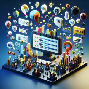 3D voxel art depicting online market research surveys on a dark blue background.