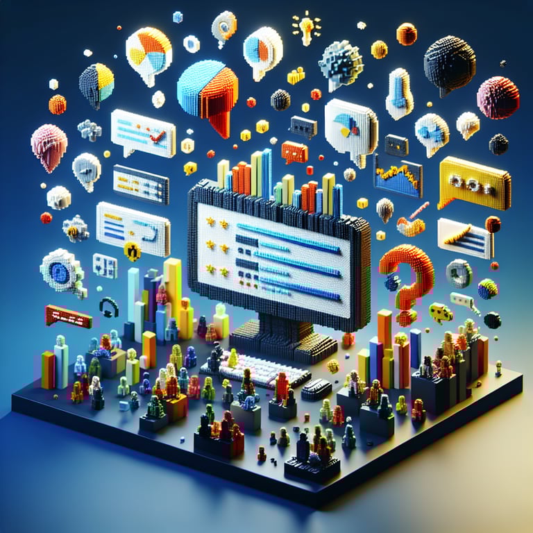3D voxel art depicting online market research surveys on a dark blue background.