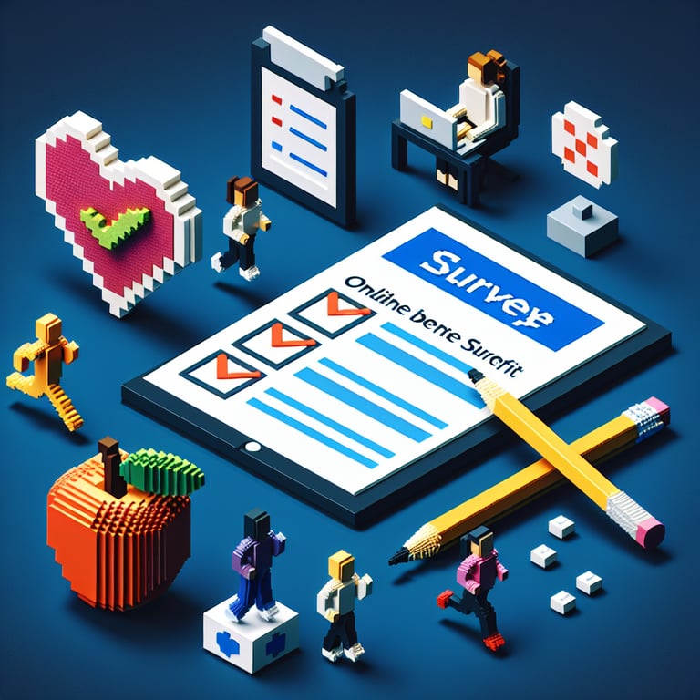 3D voxel art depicting online health benefit surveys on a dark blue background.